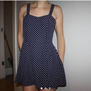 Vintage 90s Navy Blue Polka Dot Double Strap Babydoll Mini Dress XS S 0 2 Womens